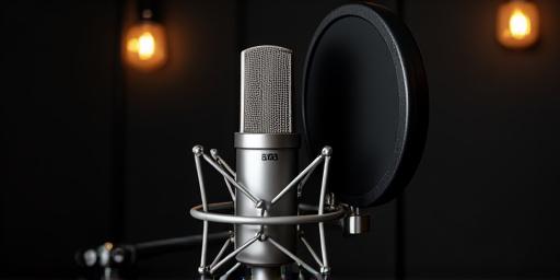 A studio condenser microphone with a pop filter, ready for recording.