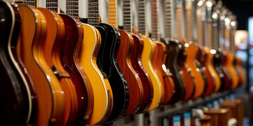A wall displaying various acoustic and electric guitars for sale.